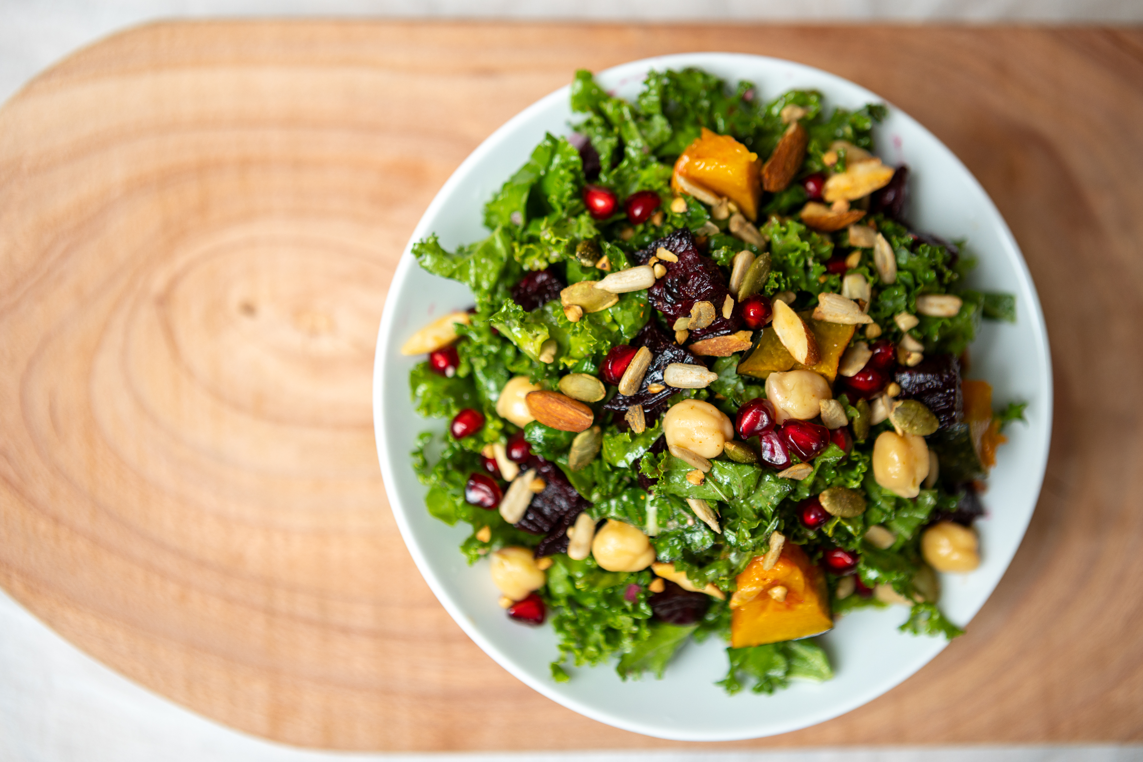 Kale salad with roasted butternut, chickpeas and pomegranate