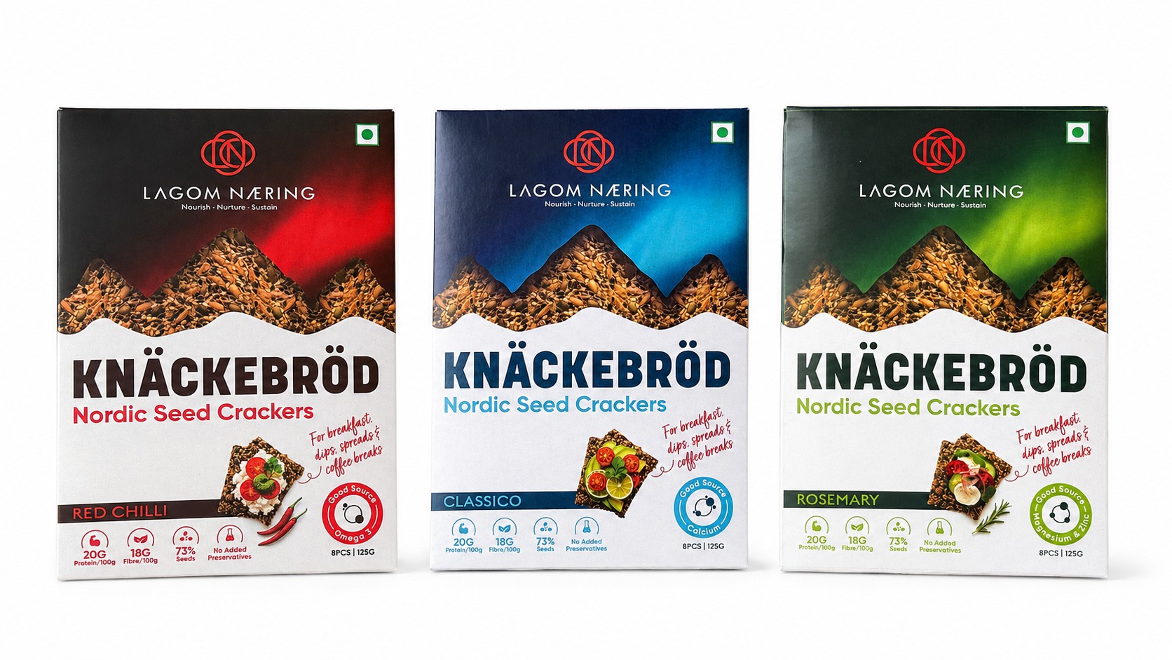 Lagom Næring Nordic Seed Crackers — Classico, Rosemary and Red Chilli